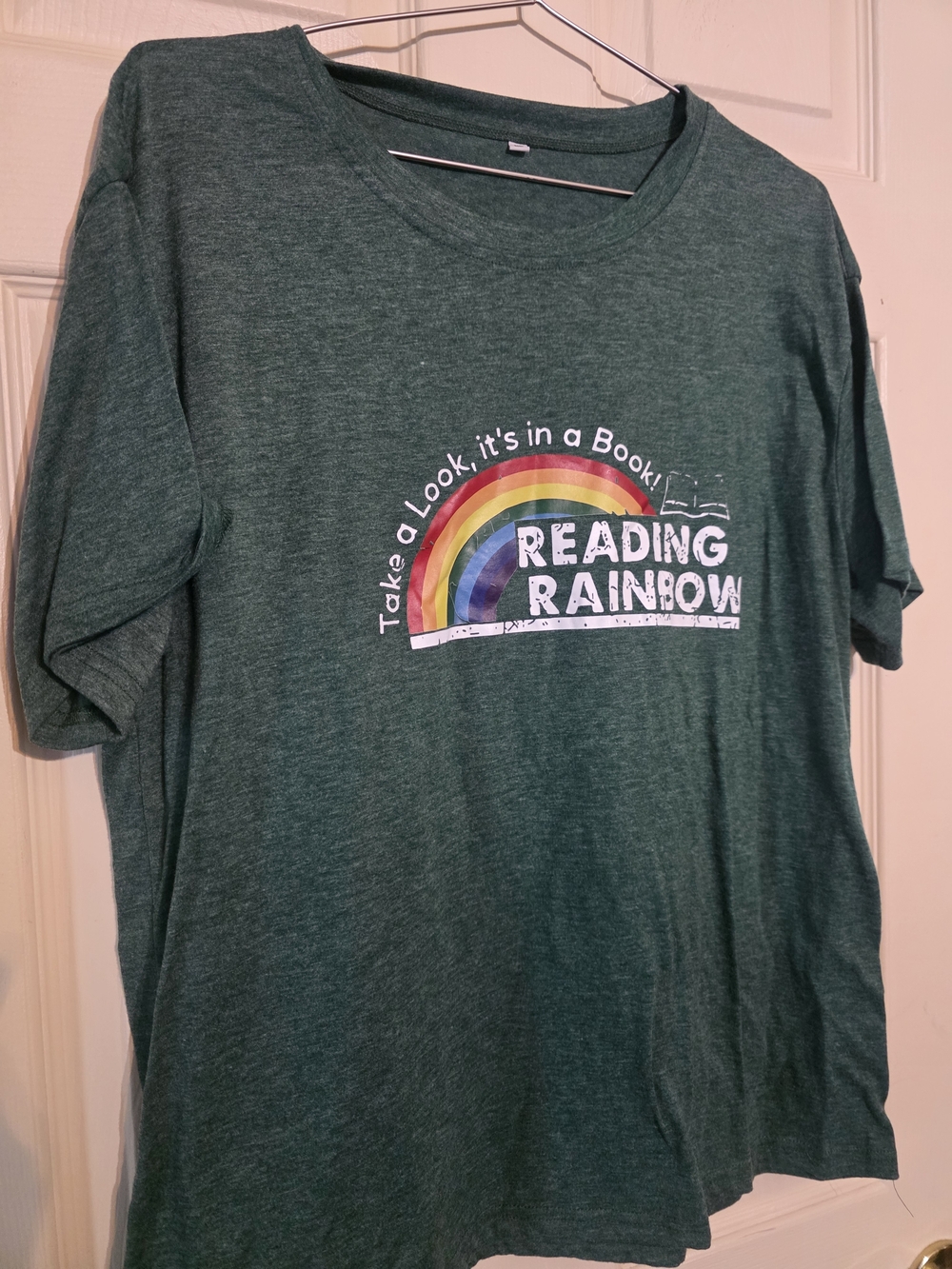 SHEIN Green Short Sleeve Tee with Rainbow Reading Graphic
